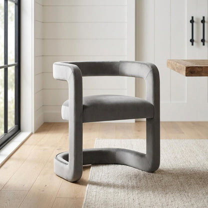 Performance Velvet Barrel Dining Chair with Arms, Storm Gray