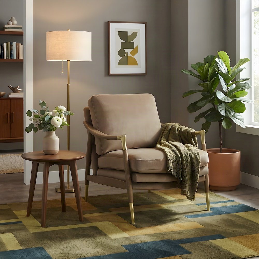 Performance Velvet Mid-Century Accent Armchair, Wood Frame, Taupe Walnut
