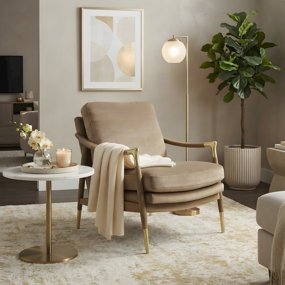 Performance Velvet Mid-Century Accent Armchair, Wood Frame, Taupe Walnut