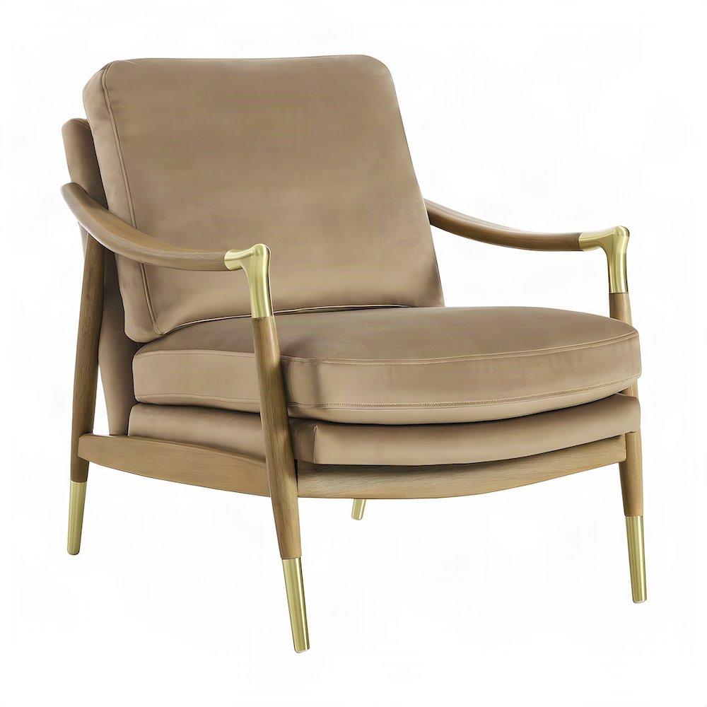 Performance Velvet Mid-Century Accent Armchair, Wood Frame, Taupe Walnut