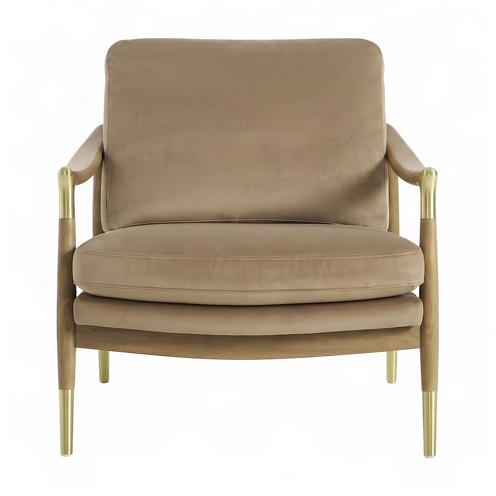 Performance Velvet Mid-Century Accent Armchair, Wood Frame, Taupe Walnut