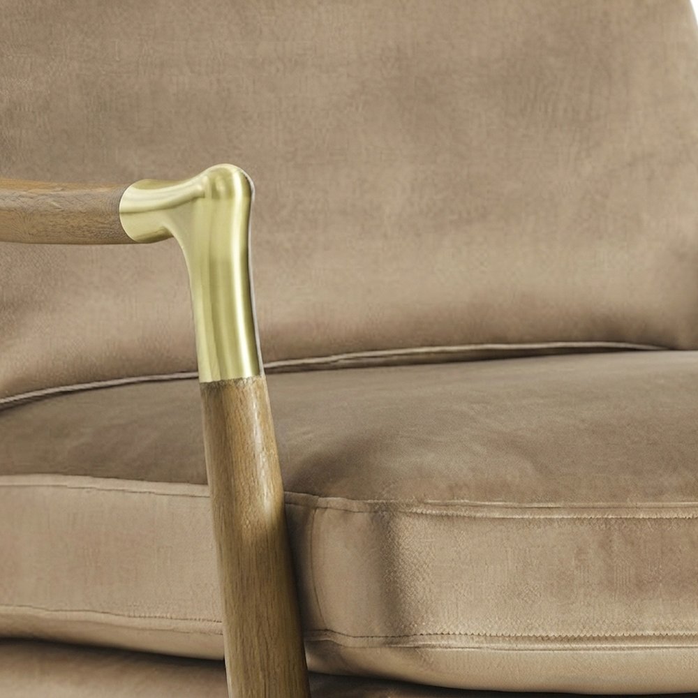 Performance Velvet Mid-Century Accent Armchair, Wood Frame, Taupe Walnut