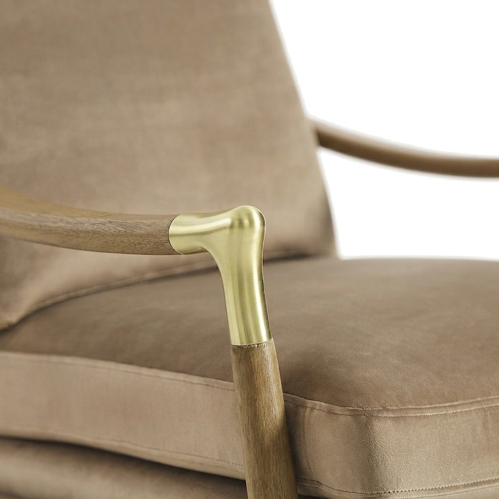 Performance Velvet Mid-Century Accent Armchair, Wood Frame, Taupe Walnut