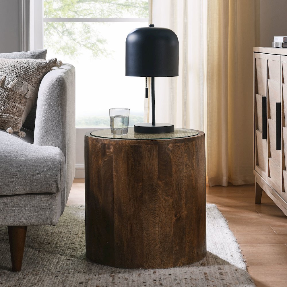 Truett Round Wood Rattan Side Table