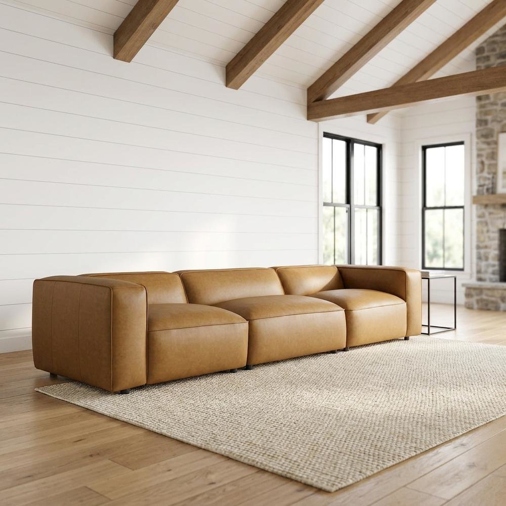 Upholstered Vegan Leather Modular Sectional Sofa with Mid-Century Style, Camel