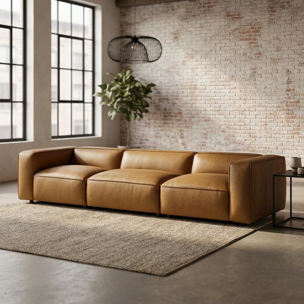 Upholstered Vegan Leather Modular Sectional Sofa with Mid-Century Style, Camel