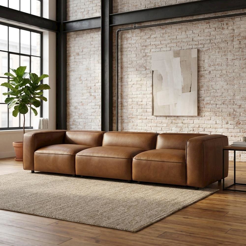 Upholstered Vegan Leather Modular Sectional Sofa with Mid-Century Style, Coffee