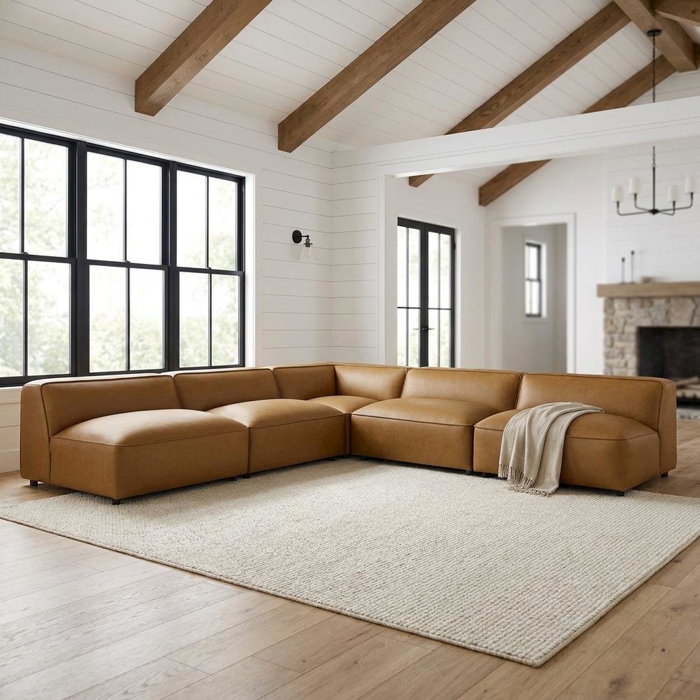 Vegan Leather Modular L-Shaped Sectional Couch for Living Room, Camel