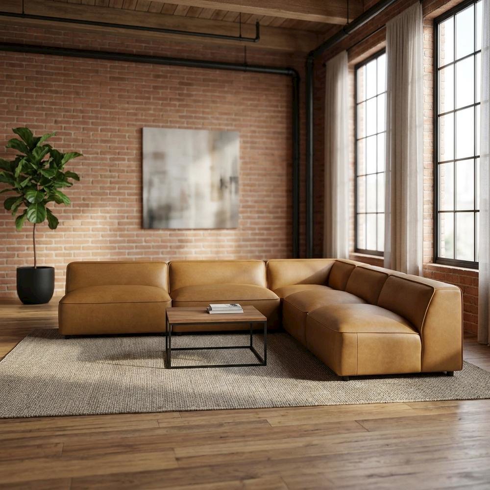 Vegan Leather Modular L-Shaped Sectional Couch for Living Room, Camel