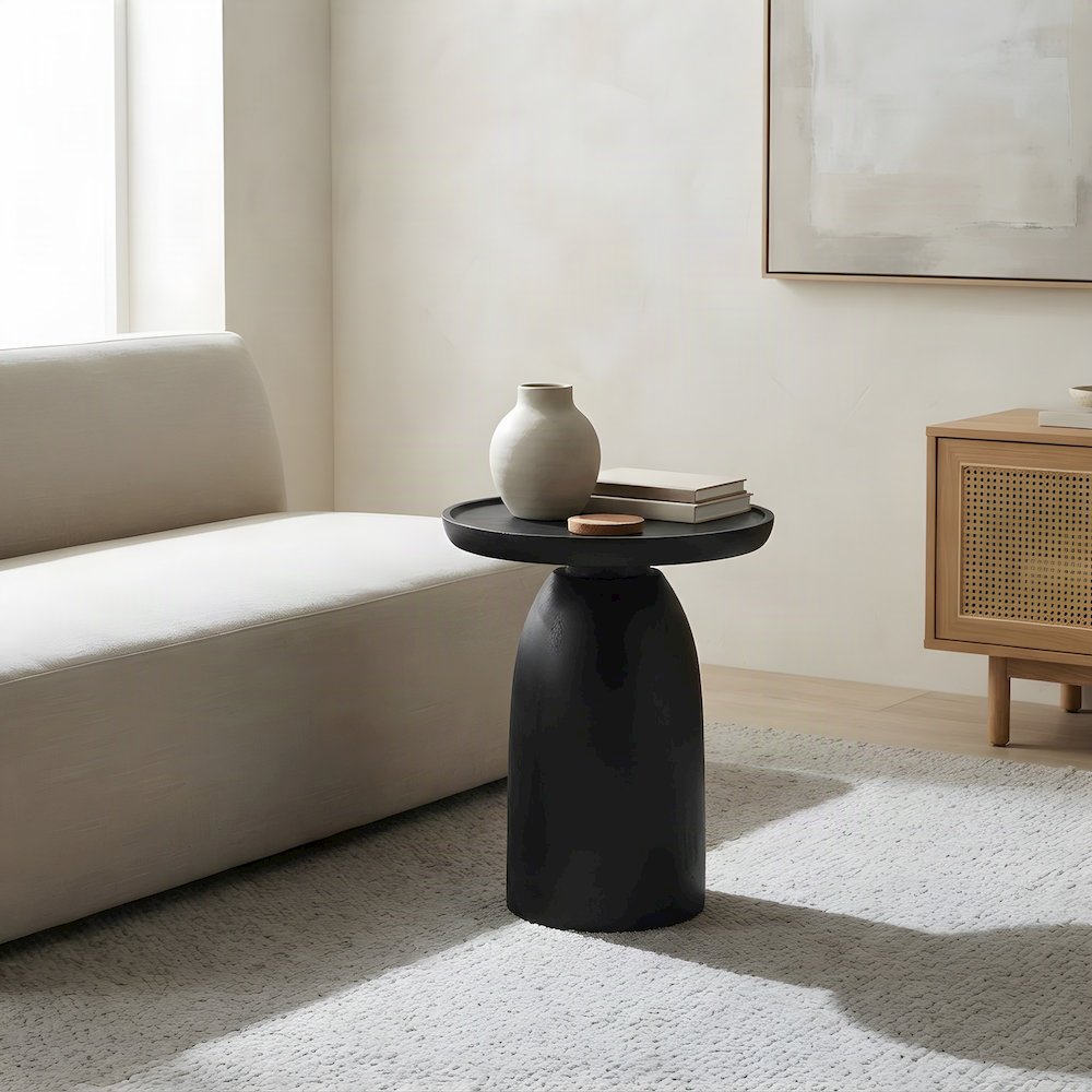 Round Solid Wood Pedestal Side Table, Small Modern Drum Accent End Table, Black