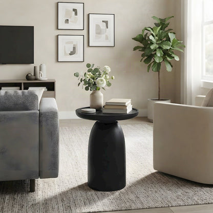 Round Solid Wood Pedestal Side Table, Small Modern Drum Accent End Table, Black