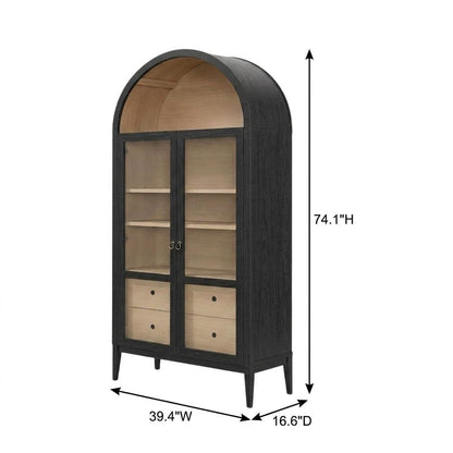 Wooden Arched Display Cabinet, Tall Curio with Storage, Black Oak