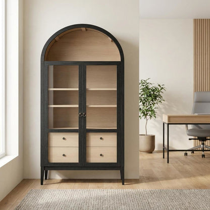 Wooden Arched Display Cabinet, Tall Curio with Storage, Black Oak