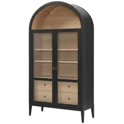 Wooden Arched Display Cabinet, Tall Curio with Storage, Black Oak