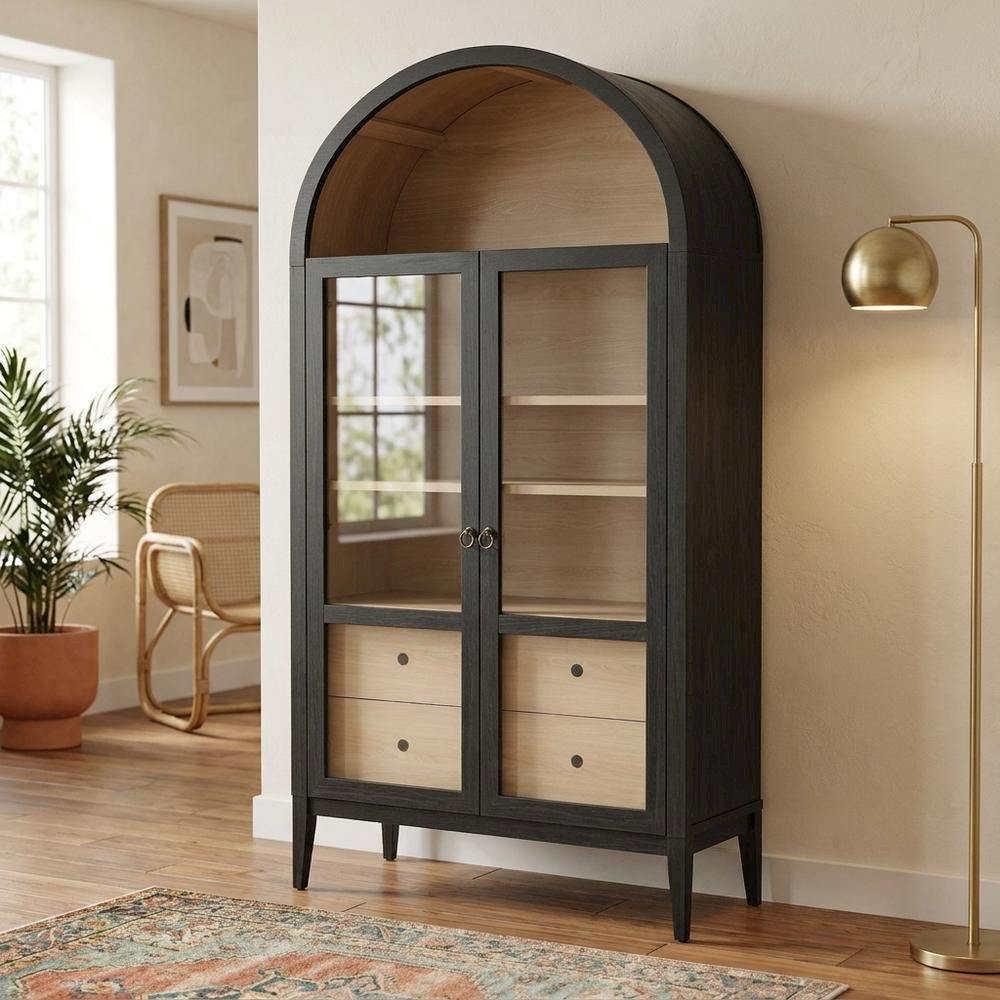 Wooden Arched Display Cabinet, Tall Curio with Storage, Black Oak