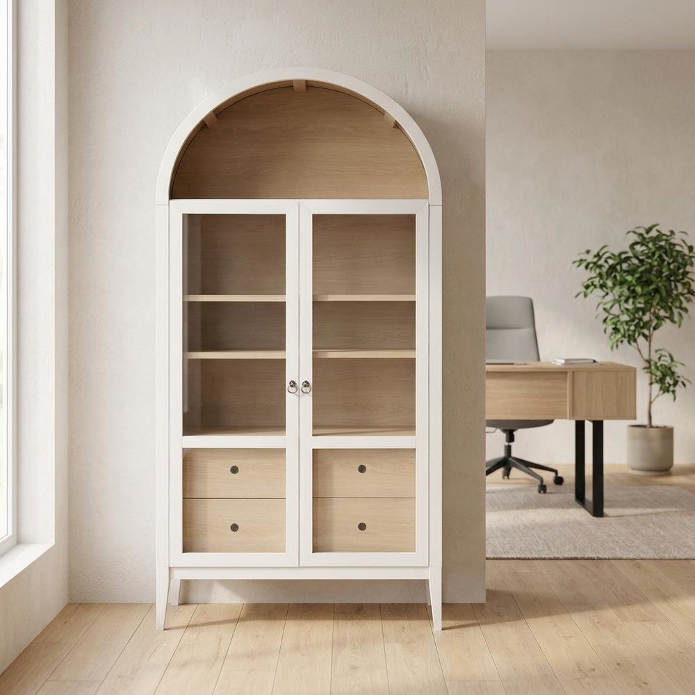 Wooden Arched Display Cabinet, Tall Curio with Storage, Ivory Oak