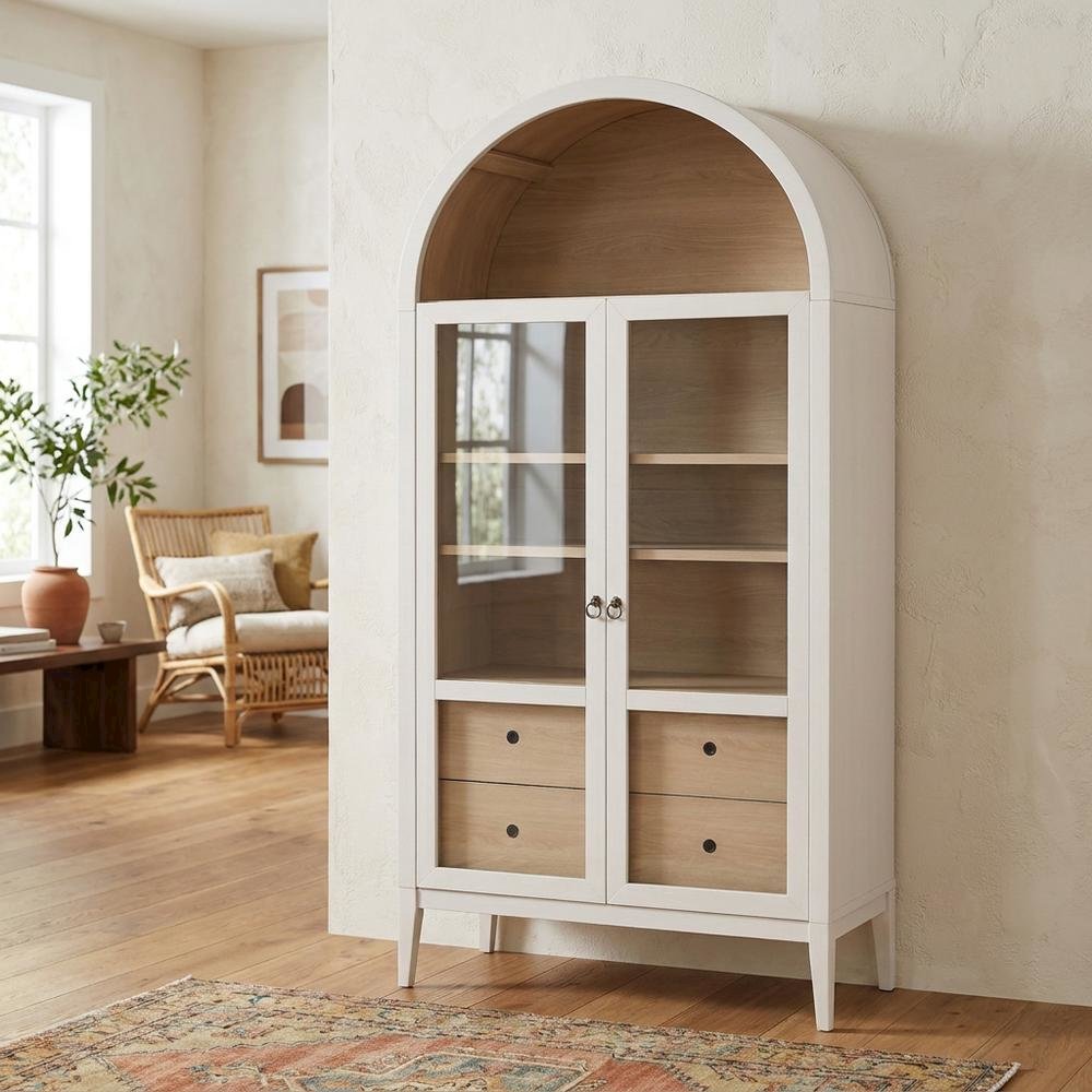 Wooden Arched Display Cabinet, Tall Curio with Storage, Ivory Oak