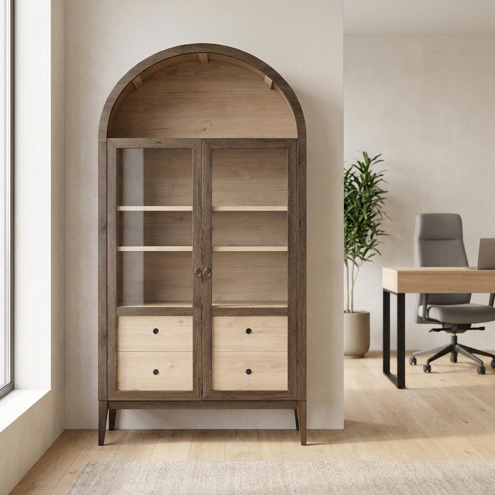 Wooden Arched Display Cabinet, Tall Curio with Storage, Walnut Light Oak