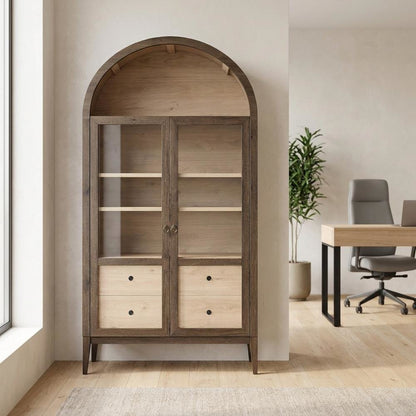 Wooden Arched Display Cabinet, Tall Curio with Storage, Walnut Light Oak