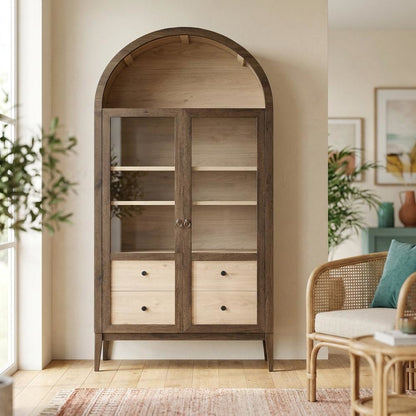 Wooden Arched Display Cabinet, Tall Curio with Storage, Walnut Light Oak
