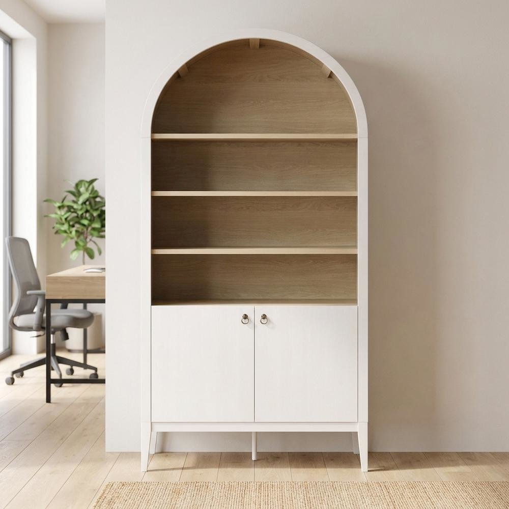 Wooden Tall Arched Bookcase Display Cabinet with Storage, Ivory Oak
