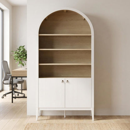 Wooden Tall Arched Bookcase Display Cabinet with Storage, Ivory Oak