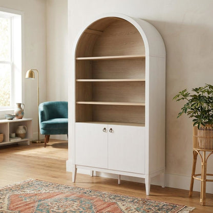 Wooden Tall Arched Bookcase Display Cabinet with Storage, Ivory Oak