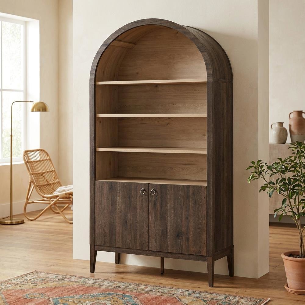 Wooden Tall Arched Bookcase Display Cabinet with Storage, Dark Walnut