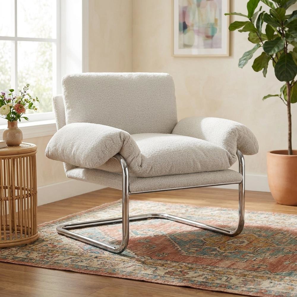 Boucle Fabric Accent Chair for Living Room, Bedroom, or Reading Nook, Newsprint