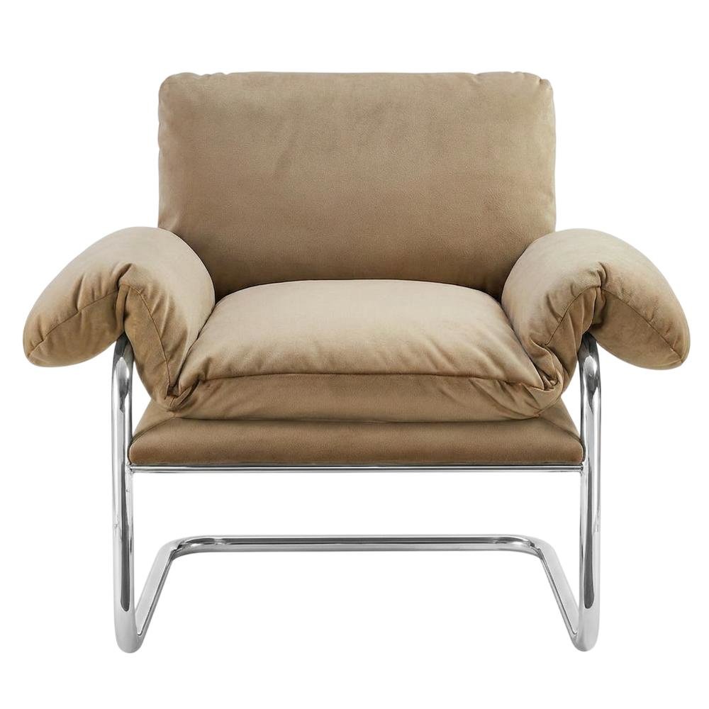 Performance Velvet Upholstered Accent Chair with Wide Arms, Taupe