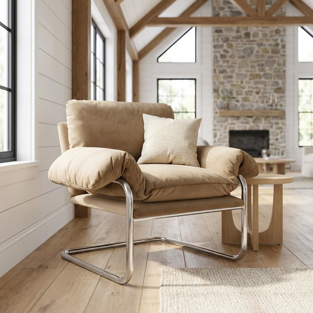 Performance Velvet Upholstered Accent Chair with Wide Arms, Taupe