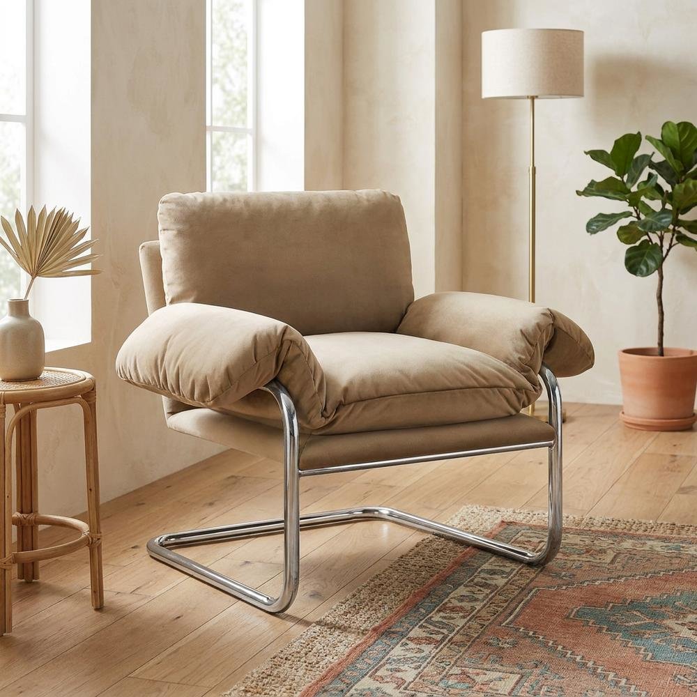 Performance Velvet Upholstered Accent Chair with Wide Arms, Taupe