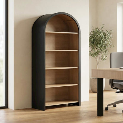 Arched Wide Bookcase Display Cabinet with Wooden Finish Storage Cabinet, Black