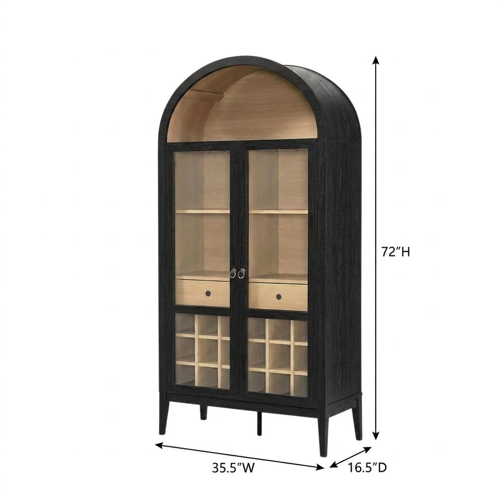 Wooden Tall Bar Cabinet with Arched Doors and Liquor Storage, Black Oak
