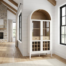Wooden Tall Bar Cabinet with Arched Doors and Liquor Storage, Ivory Oak