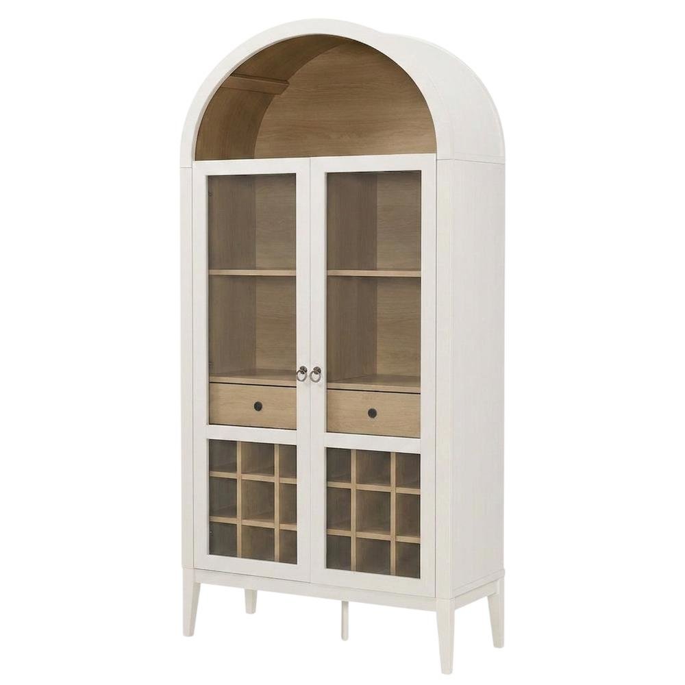 Wooden Tall Bar Cabinet with Arched Doors and Liquor Storage, Ivory Oak