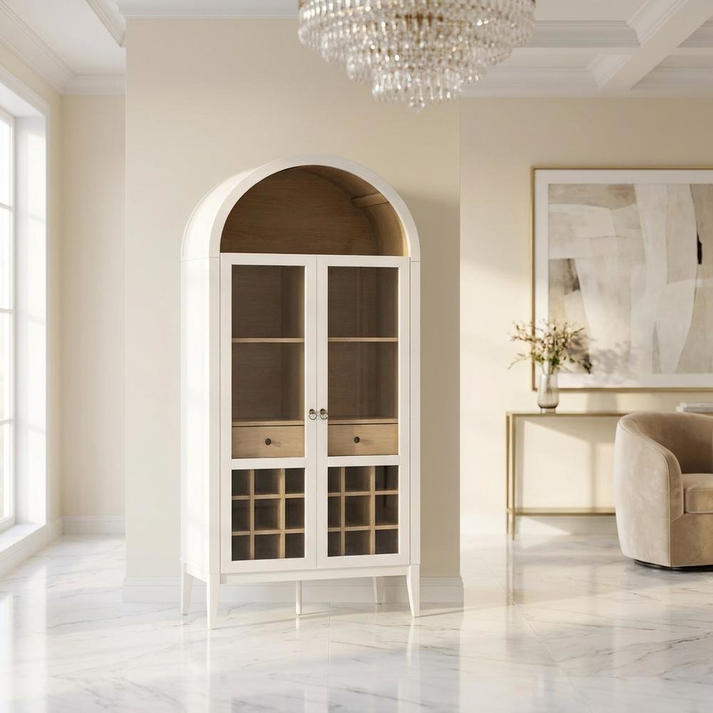 Wooden Tall Bar Cabinet with Arched Doors and Liquor Storage, Ivory Oak