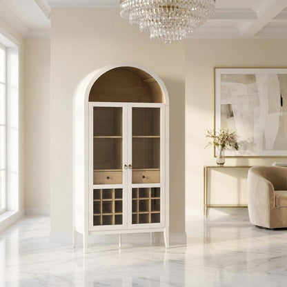Wooden Tall Bar Cabinet with Arched Doors and Liquor Storage, Ivory Oak