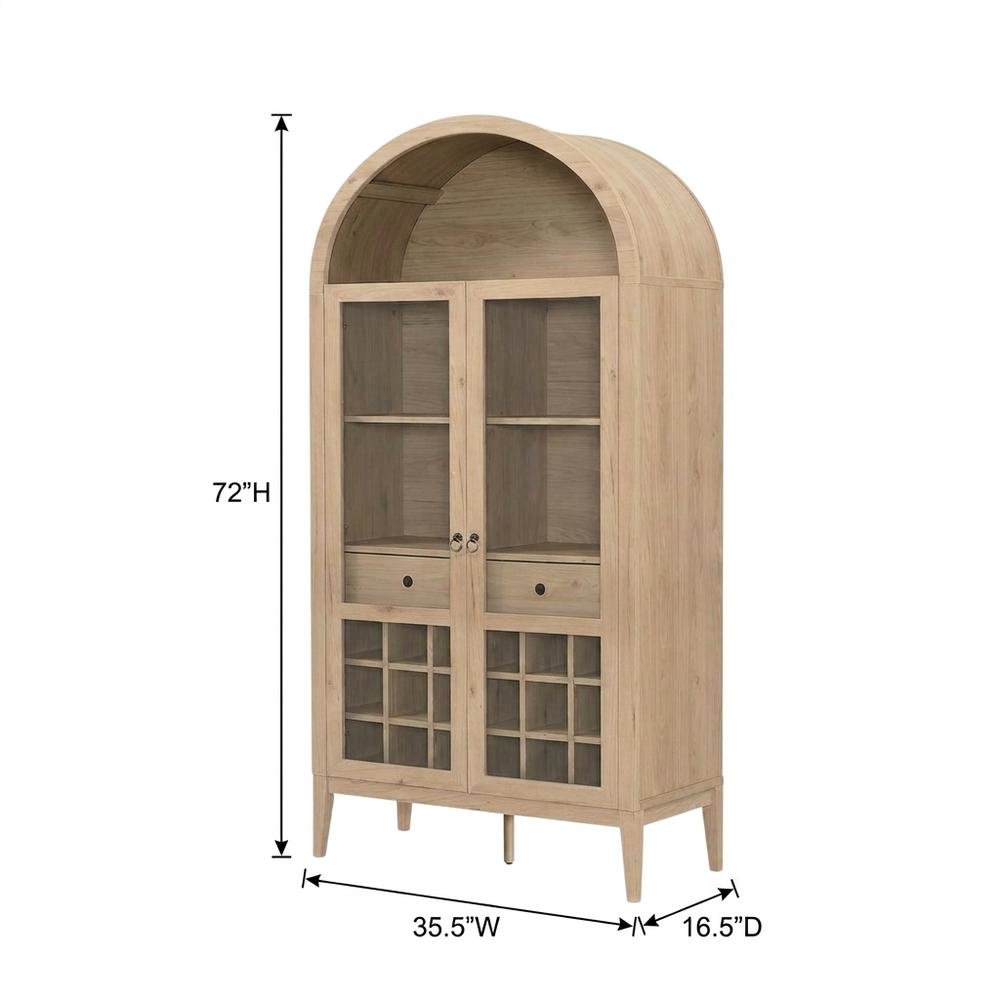 Wooden Tall Bar Cabinet with Arched Doors and Liquor Storage, Light Oak