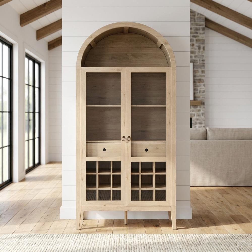 Wooden Tall Bar Cabinet with Arched Doors and Liquor Storage, Light Oak