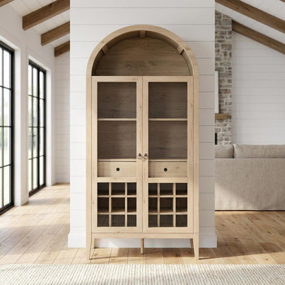 Wooden Tall Bar Cabinet with Arched Doors and Liquor Storage, Light Oak