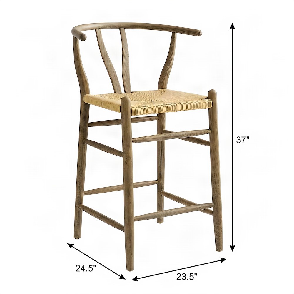 Wood Counter Height Bar Stool with Low-Back Armrest, Weathered Gray Teak