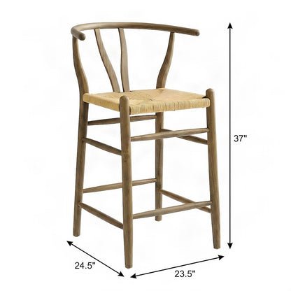 Wood Counter Height Bar Stool with Low-Back Armrest, Weathered Gray Teak