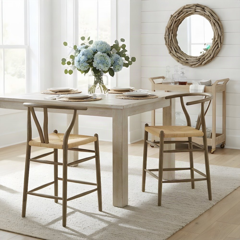 Wood Counter Height Bar Stool with Low-Back Armrest, Weathered Gray Teak