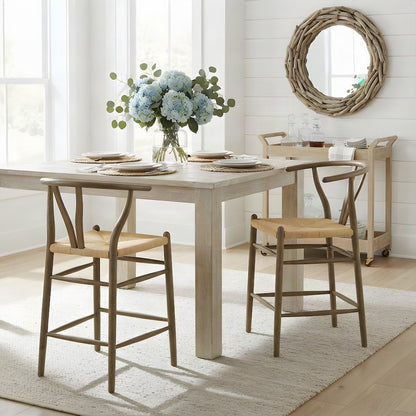 Wood Counter Height Bar Stool with Low-Back Armrest, Weathered Gray Teak