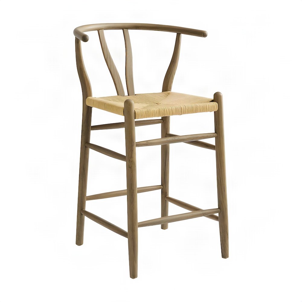 Wood Counter Height Bar Stool with Low-Back Armrest, Weathered Gray Teak