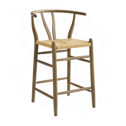 Wood Counter Height Bar Stool with Low-Back Armrest, Weathered Gray Teak