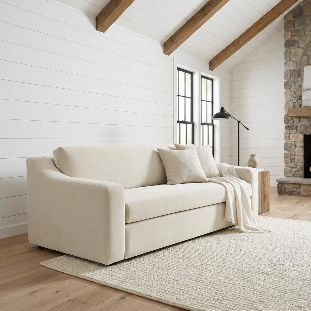 Performance Velvet Sofa, Comfy Modern Couch for Living Room, Alabaster