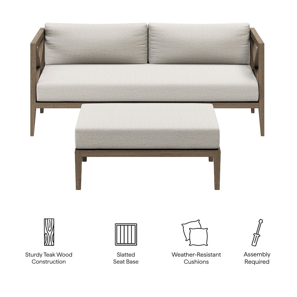 Northlake Outdoor Patio Teak Wood Loveseat and Ottoman Set