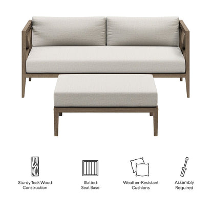 Northlake Outdoor Patio Teak Wood Loveseat and Ottoman Set
